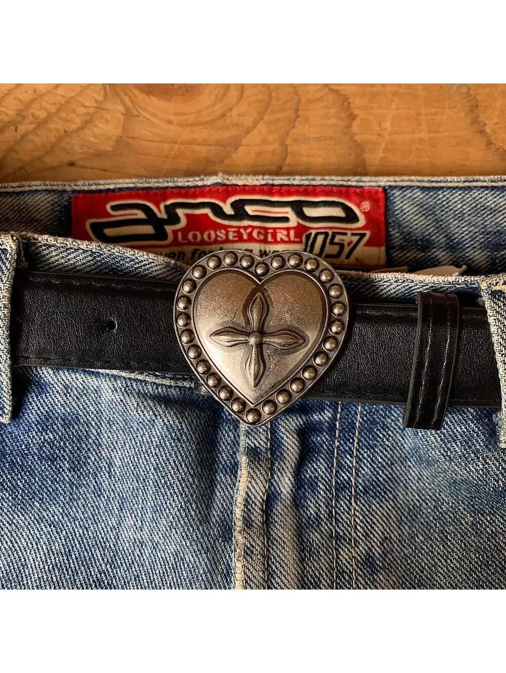 Y2k gothic style heart cross belt buckle black belt. 40 inches length. Unisex